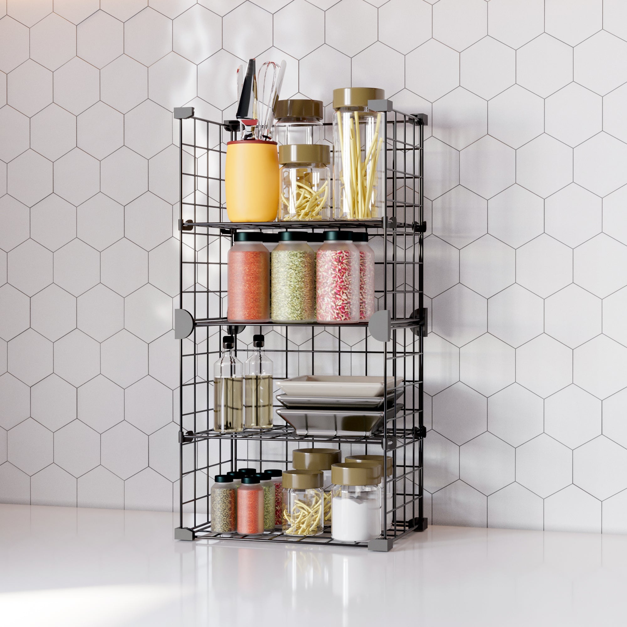 BOXJOY Metal Mesh 4 Shelf Black Kitchen Storage Rack - Vertical