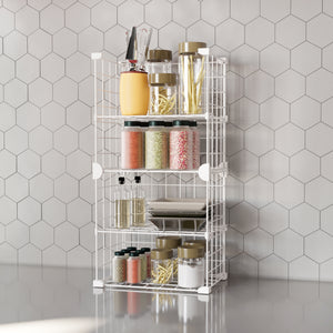 Fully organized BOXJOY 4-tier white metal wire kitchen rack filled with spice jars, oil bottles, and pasta containers.