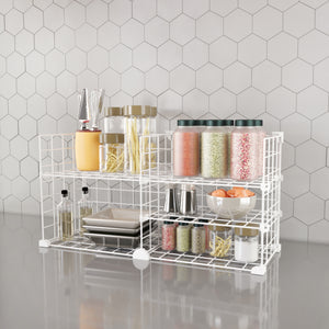 Fully organized BOXJOY 2-column white metal wire kitchen countertop rack filled with spice jars, oil bottles, and pasta containers.