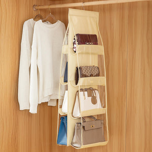 Beige hanging handbag organizer to store 8 bags in it