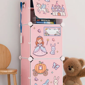 BOXJOY Plastic 6 Shelf Pink Kids Wardrobe featuring fairy tale princess stickers and an open top door.