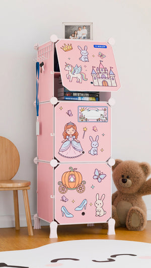 BOXJOY Plastic 6 Shelf Pink Kids Wardrobe featuring fairy tale princess stickers and an open top door.