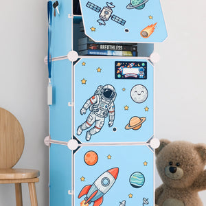 BOXJOY Plastic 6 Shelf Blue Kids Wardrobe featuring space stickers and an open top door.
