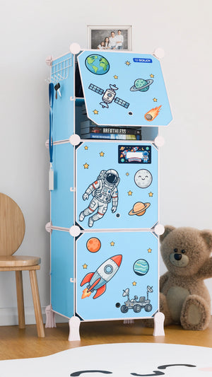 BOXJOY Plastic 6 Shelf Blue Kids Wardrobe featuring space stickers and an open top door.
