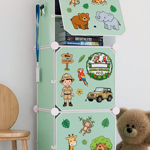 BOXJOY Plastic 6 Shelf Green Kids Wardrobe featuring jungle adventure stickers and an open top door.