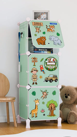 BOXJOY Plastic 6 Shelf Green Kids Wardrobe featuring jungle adventure stickers and an open top door.