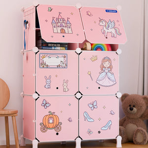 BOXJOY Plastic 12 Shelf Pink Kids Wardrobe featuring fairy tale princess stickers and open doors.
