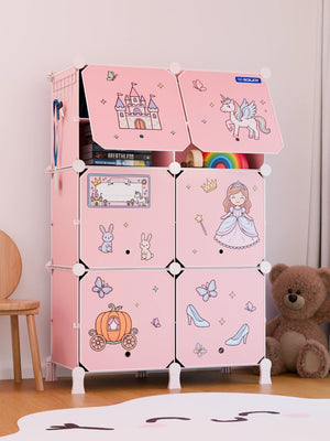 BOXJOY Plastic 12 Shelf Pink Kids Wardrobe featuring fairy tale princess stickers and open doors.