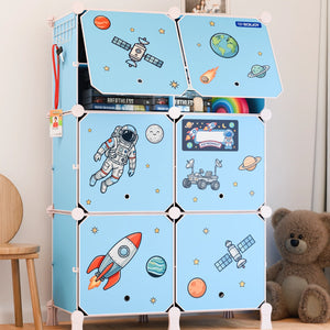 Spacious BOXJOY Plastic 12 Shelf Blue Kids Wardrobe featuring space astronaut stickers and open doors.