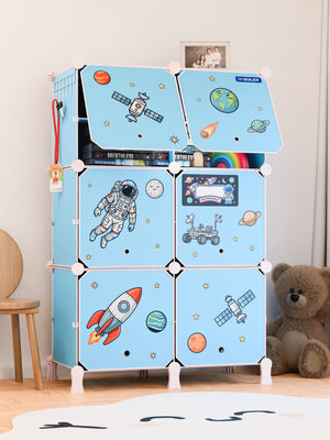 Spacious BOXJOY Plastic 12 Shelf Blue Kids Wardrobe featuring space astronaut stickers and open doors.