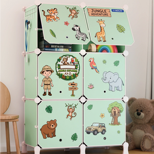 BOXJOY Plastic 12 Shelf Green Kids Wardrobe featuring jungle animal stickers and closed doors