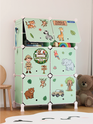 BOXJOY Plastic 12 Shelf Green Kids Wardrobe featuring jungle animal stickers and closed doors