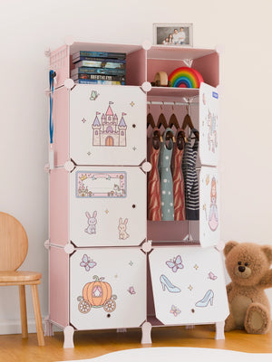 Pink and white BOXJOY modular kids wardrobe featuring 7 shelfs, princess stickers, and hanging clothes.