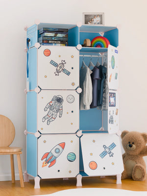 Blue and white BOXJOY modular kids wardrobe featuring 7 shelfs, space stickers, and hanging clothes.
