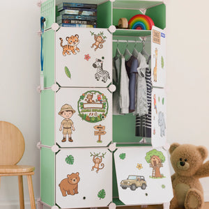 Green and white BOXJOY modular kids wardrobe featuring 7 shelfs, jungle stickers, and hanging clothes.
