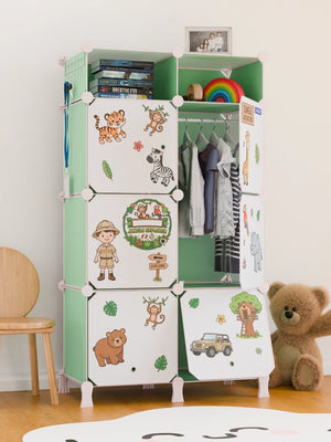 Green and white BOXJOY modular kids wardrobe featuring 7 shelfs, jungle stickers, and hanging clothes.