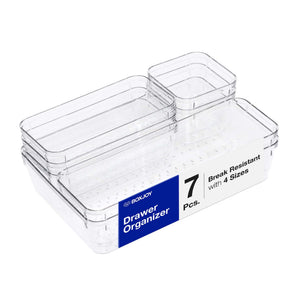 BOXJOY 7-piece clear plastic drawer organizer set with 4 versatile tray sizes stacked together.