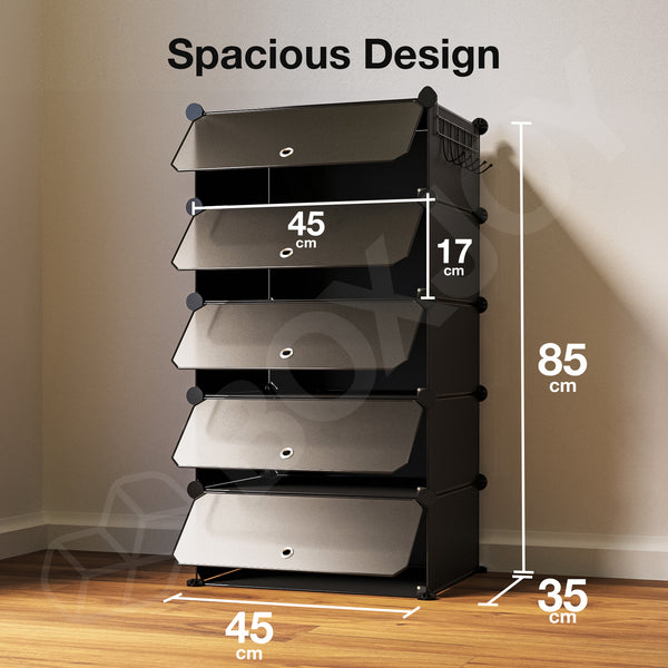 BOXJOY Plastic 5 Shelf Black Translucent Shoe Rack