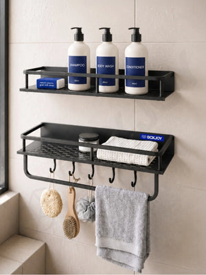 Dimensions of the bathroom shelfs showing 29.5 cm width and 11.5 cm depth, alongside included mounting hardware.
