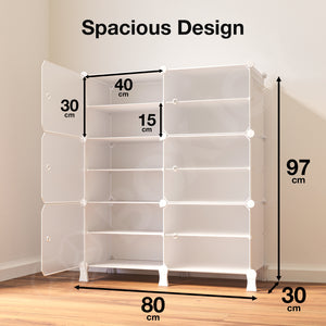 BOXJOY Plastic 12 Shelf White Shoe Rack with Translucent Doors