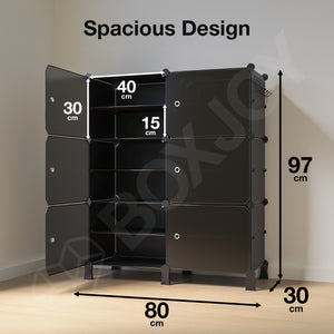 BOXJOY Plastic 12 Shelf Black Cloth Rack with Translucent Doors