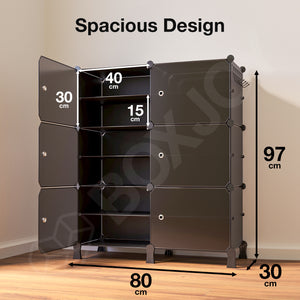 BOXJOY Plastic 12 Shelf Black Shoe Rack with Translucent Doors
