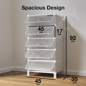 BOXJOY Plastic 5 Shelf White Shoe Rack with Translucent Doors