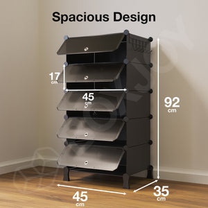 BOXJOY Plastic 5 Shelf Black Shoe Rack with Translucent Door
