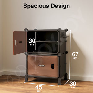 BOXJOY Hard Plastic 4 Shelf Black Shoe Rack with Brown Door