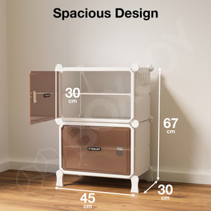 BOXJOY Hard Plastic 4 Shelf White Shoe Rack with Brown Door