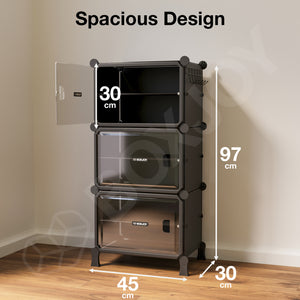 BOXJOY Hard Plastic 6 Shelf Black Shoe Rack with Transparent Door