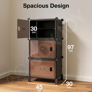 BOXJOY Hard Plastic 6 Shelf Black Shoe Rack with Brown Door