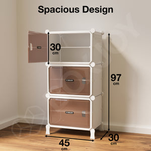 BOXJOY Hard Plastic 6 Shelf White Shoe Rack with Brown Door