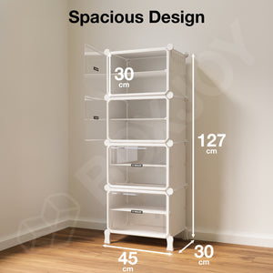 BOXJOY Hard Plastic 8 Shelf Vertical White Shoe Rack with Transparent Door