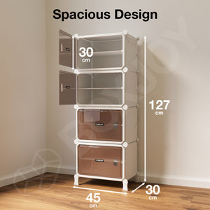 BOXJOY Hard Plastic 8 Shelf Vertical White Shoe Rack with Brown Door