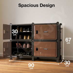 BOXJOY Hard Plastic 8 Shelf Black Shoe Rack with Brown Door