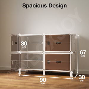 BOXJOY Hard Plastic 8 Shelf White Shoe Rack with Brown Door