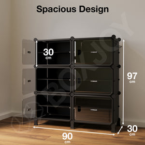 BOXJOY Hard Plastic 12 Shelf Black Shoe Rack with Transparent Door