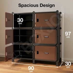 BOXJOY Hard Plastic 12 Shelf Black Shoe Rack with Brown Door