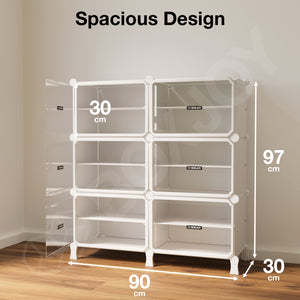 BOXJOY Hard Plastic 12 Shelf White Shoe Rack with Transparent Door