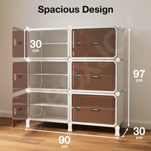 BOXJOY Hard Plastic 12 Shelf White Shoe Rack with Brown Door