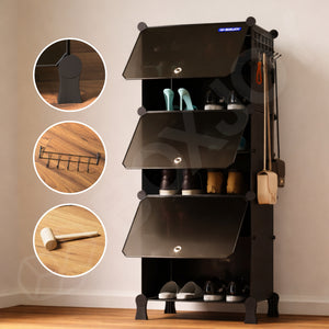 Fully organized BOXJOY 6-tier black modular shoe cabinet with translucent flip doors, shoes, and side accessory hooks.