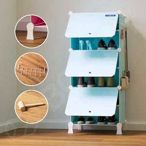 Detail view of the 6 shelf light blue and white wardrobe, showing 3 circular close-ups of a foot connector, metal hooks, and a mallet.