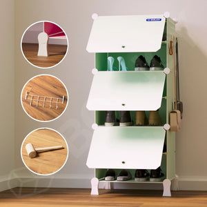 Detail view of the 6 shelf green and white wardrobe, showing 3 circular close-ups of a foot connector, metal hooks, and a wooden mallet.