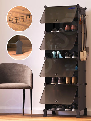 Detail view of the black shoe wardrobe with 8 shelfs and smoky transparent doors, highlighting circular close-ups of metal hooks and feet.