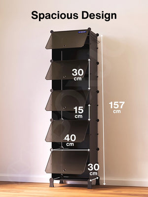 Dimensions of the 10 black modular shelfs showing a 157 cm height and 40 cm width.