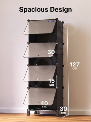 Spacious dimensions of the 8 black modular shelfs showing a 127 cm height and 40 cm width.