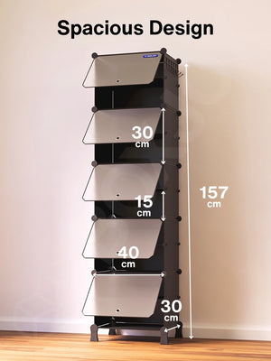 Dimensions of the 10 black modular shelfs showing a 157 cm height and 40 cm width.