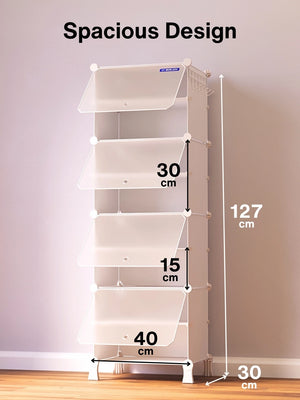 Spacious dimensions of the 8 white modular shelfs showing a 127 cm height and 40 cm width.