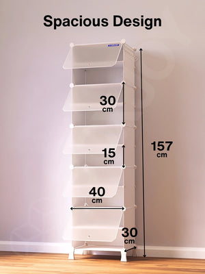 Dimensions of the 10 white modular shelfs showing a 157 cm height and 40 cm width.